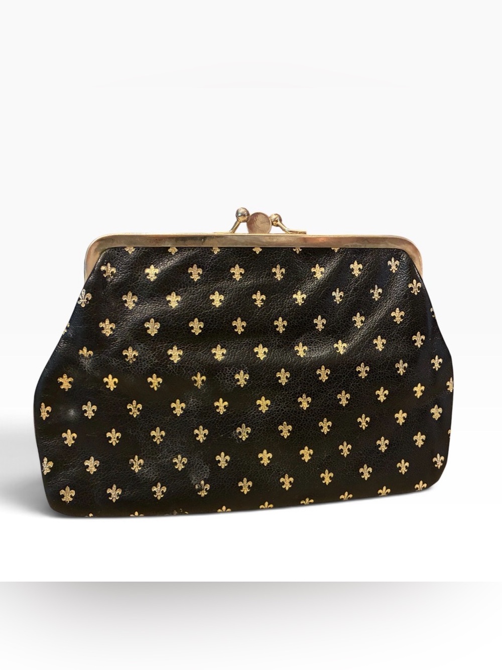 Vintage Fleur De Lis Pattern Black & Gold Kiss-Lock Leather Clutch